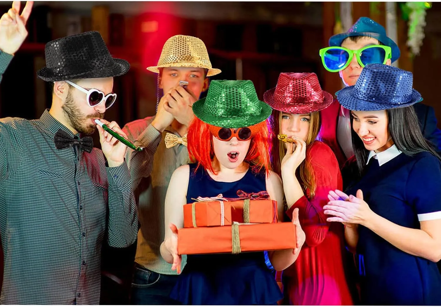 10 Pcs Unisex Sequin Fedora Hat Sequin Bow Ties Set Bling Retro Dance Jazz Cap Funky Party Costume Fedora