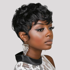 100% Human Hair Short Wigs for Black Women Short Curly Pixie Cut Wig Human Hair Black Wigs with Bangs Short Bob Brazilian Remy Human Hair wigs None Lace Front Wig (black)