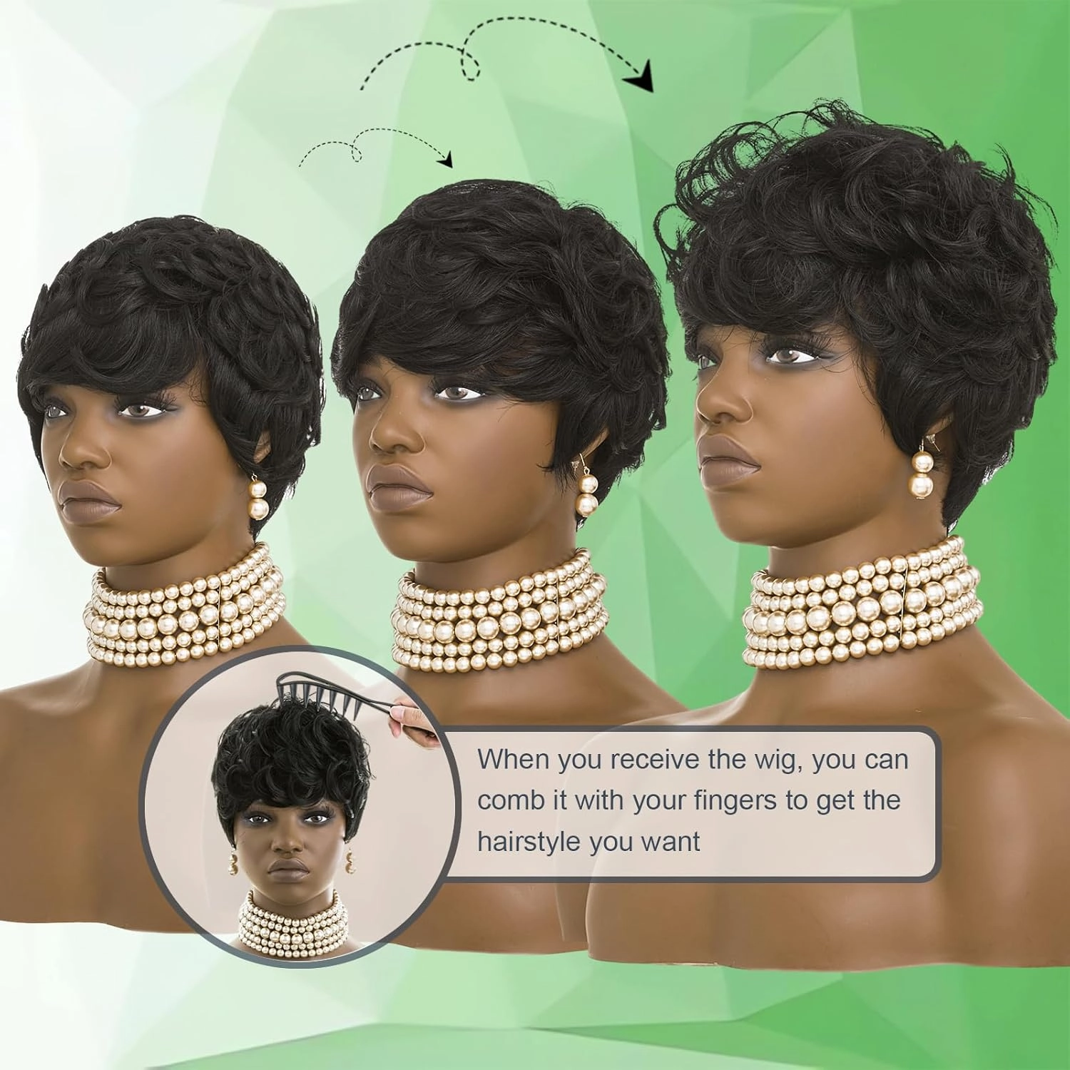 100% Human Hair Short Wigs for Black Women Short Curly Pixie Cut Wig Human Hair Black Wigs with Bangs Short Bob Brazilian Remy Human Hair wigs None Lace Front Wig (black)