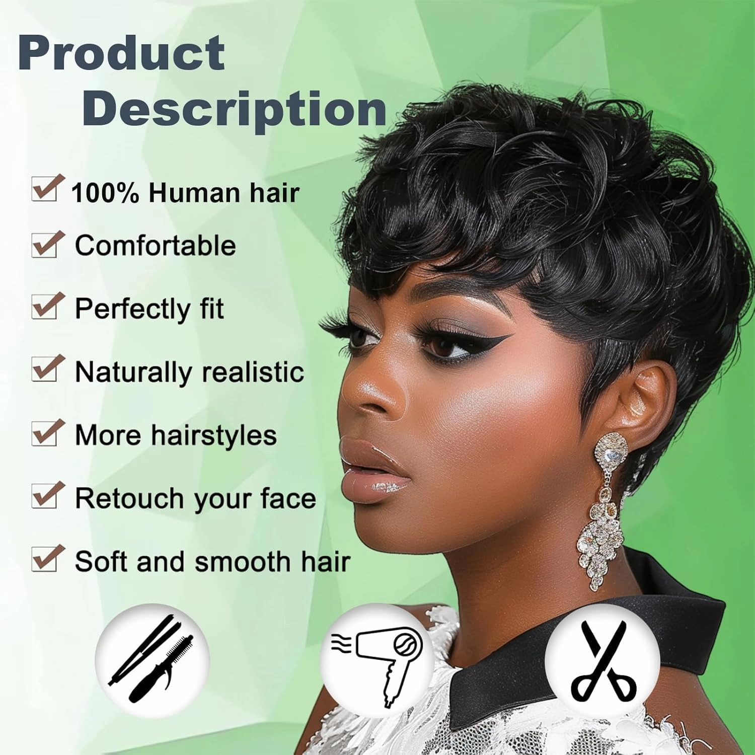 100% Human Hair Short Wigs for Black Women Short Curly Pixie Cut Wig Human Hair Black Wigs with Bangs Short Bob Brazilian Remy Human Hair wigs None Lace Front Wig (black)