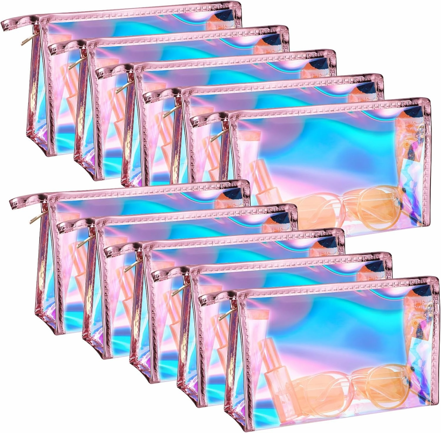 10 Pcs Holographic Makeup Bags Bulk Iridescent Cosmetic Bags Pouch Portable Zipper Toiletry Bag Clear Color Gift Bags for Travel Makeup Organizer, Brushes,Women Gifts