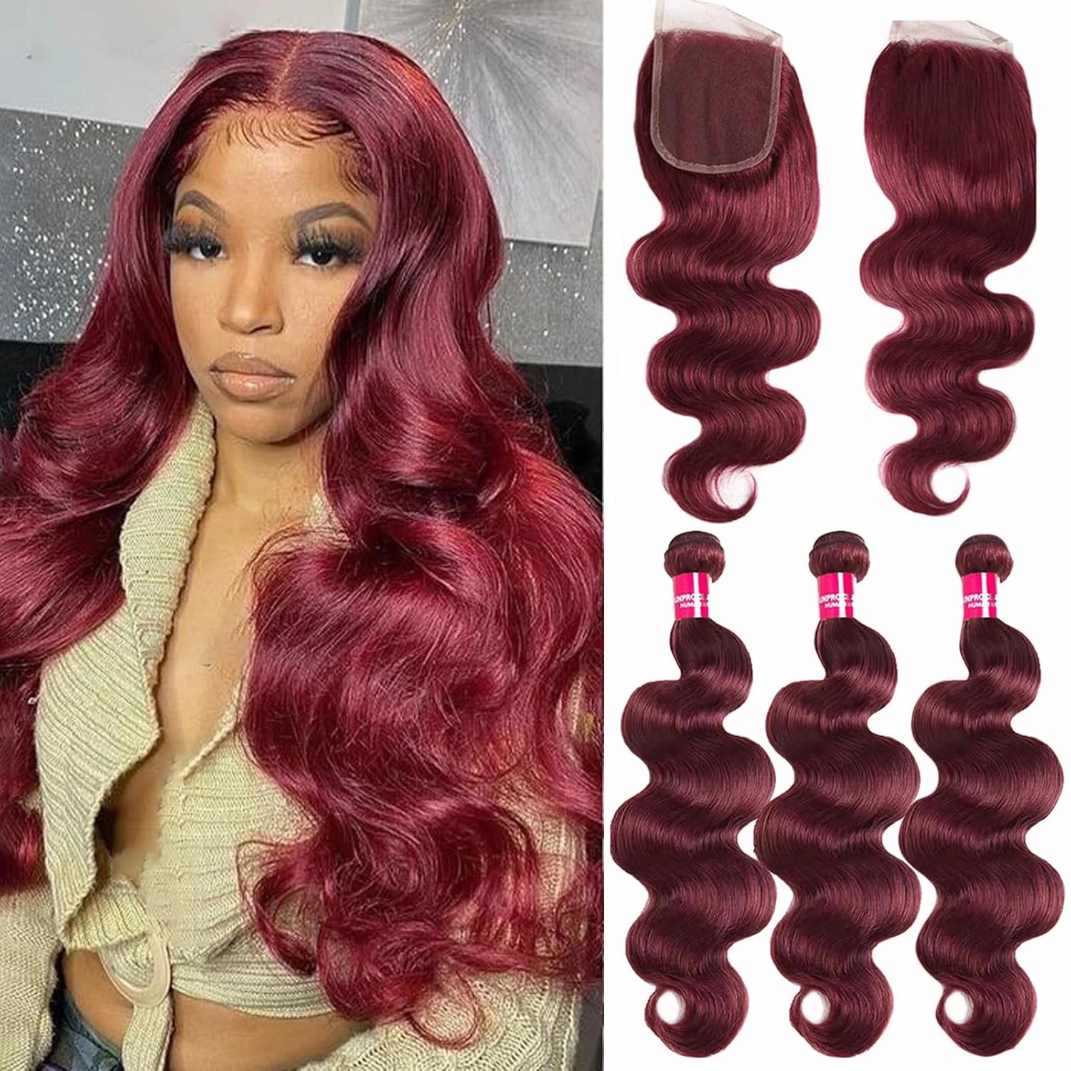 10A Burgundy Bundles with Closure Body wave 16 18 20 16 Free Part Wine Red Colored Human Hair Bundles with 4x4 lace closure Unprocessed 99J Body wave Human Hair