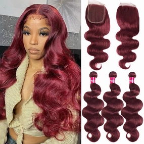 10A Burgundy Bundles with Closure Body wave 16 18 20 16 Free Part Wine Red Colored Human Hair Bundles with 4x4 lace closure Unprocessed 99J Body wave Human Hair