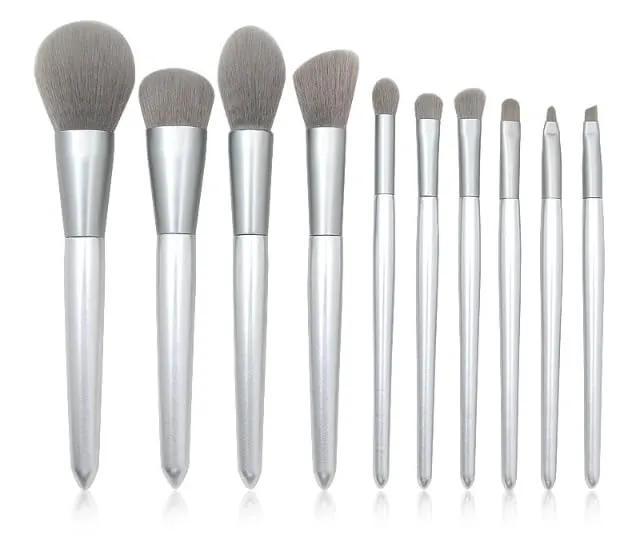 10pcs mouthpiece set handle silver makeup handle conical and brush wooden Brush Concealer Brush for Eyebrows (Silver, One Size)