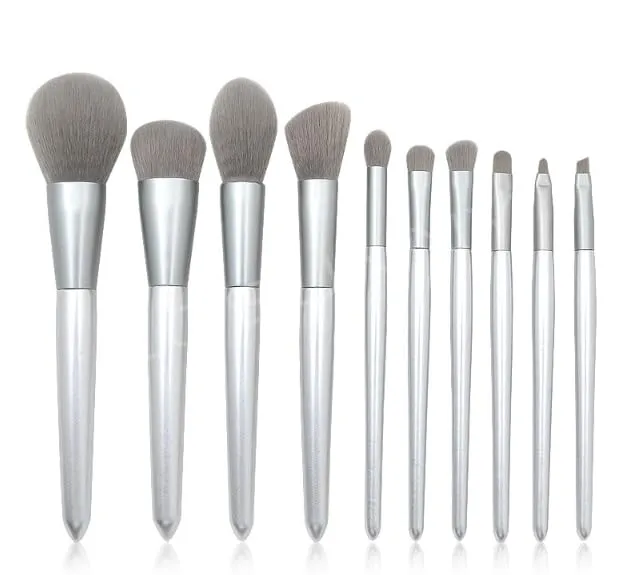 10pcs mouthpiece set handle silver makeup handle conical and brush wooden Brush Concealer Brush for Eyebrows (Silver, One Size)
