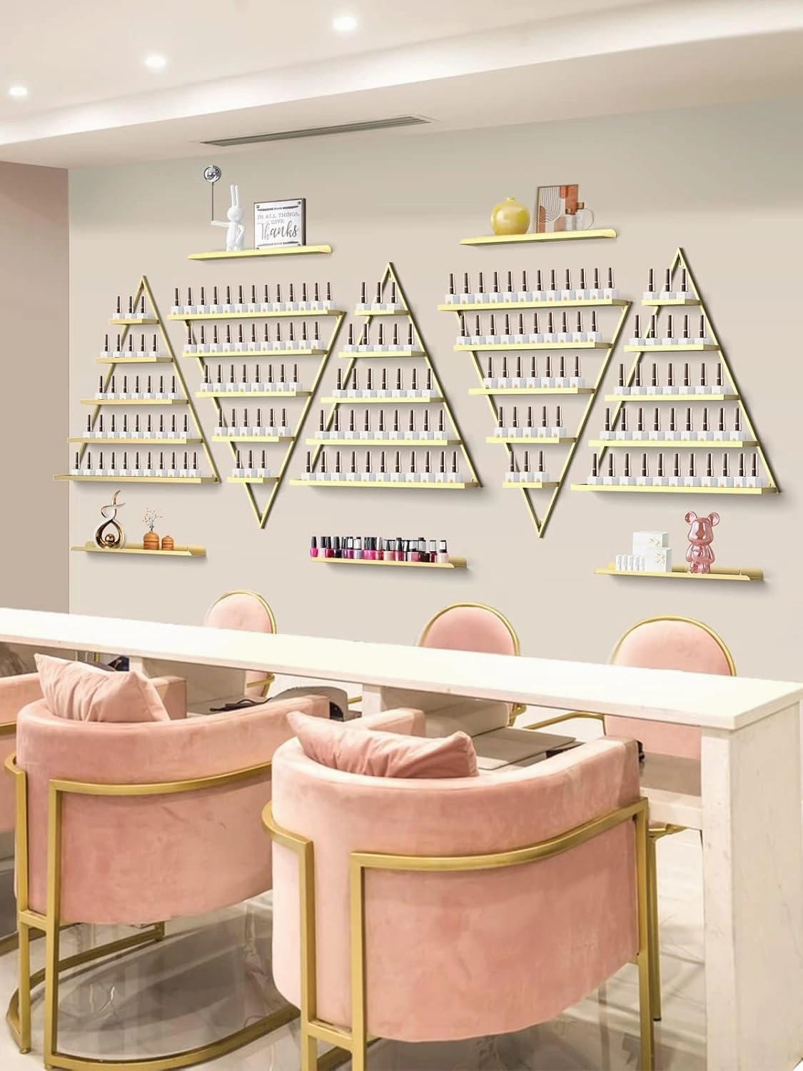 10PCS Metal Wall-mounted Nail Polish Storage Racks, Lorvain 5 Tiers Gold Triangular Display Rack Cosmetic Display Cases Lipstick Perfume Wall Shelf Essential Oil Organizer for Home Spa Nail Salon Shop