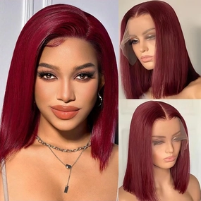 12 Inch 99j Burgundy Lace Front Wigs Human Hair Bob Wig Human Hair 13x4 Lace Front Wigs Human Hair Pre Plucked 180% Density Short Straight Bob Wig Natural Hairline Wine Red Wigs for Black Women