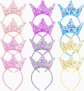 12 Pack Princess Crown Headband, Glitter Sequin Crown Headband, Shiny Tiaras and Crowns Hair Accessories for Birthday Party, Proms, Gifts
