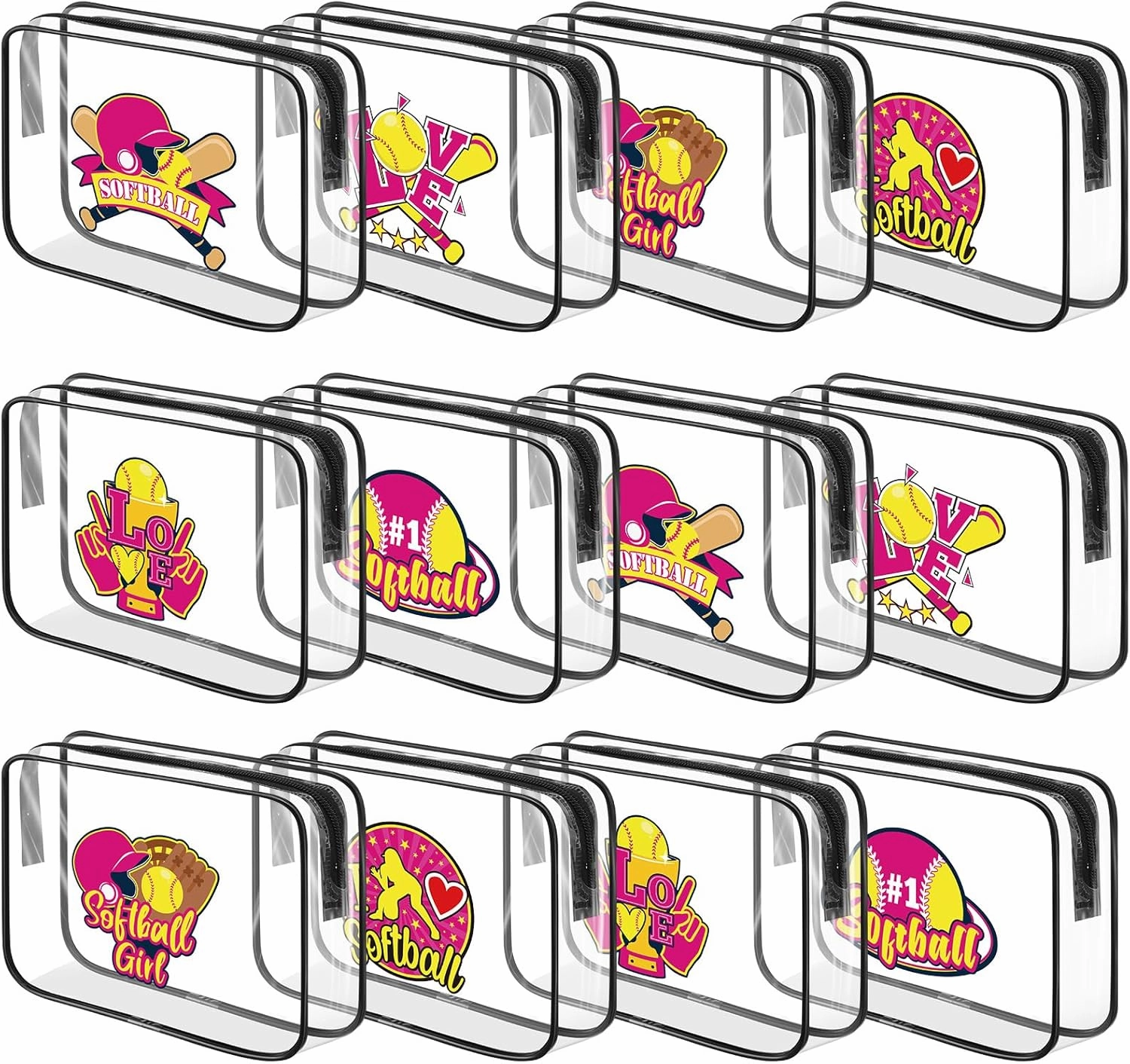 12 Pcs Softball Makeup Bag Gifts Softball Cosmetic Bag Bulk Clear PVC Cheer Case Toiletry Zipper Pouch Waterproof Travel Handbag for Women Team Gift Party Favors, 7.87 x 5.9 x 2.36''