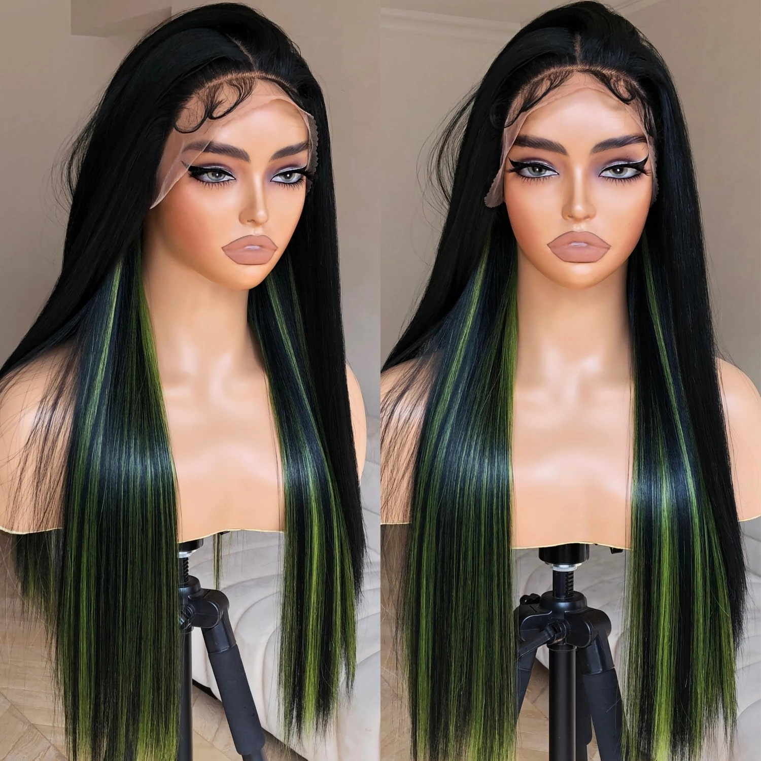 13x4 HD Lace Frontal Wig Black and Green Synthetic Lace Front Wig Pre Plucked Natural Looking Straight Wig 26inch Black with Green Stripes Wig