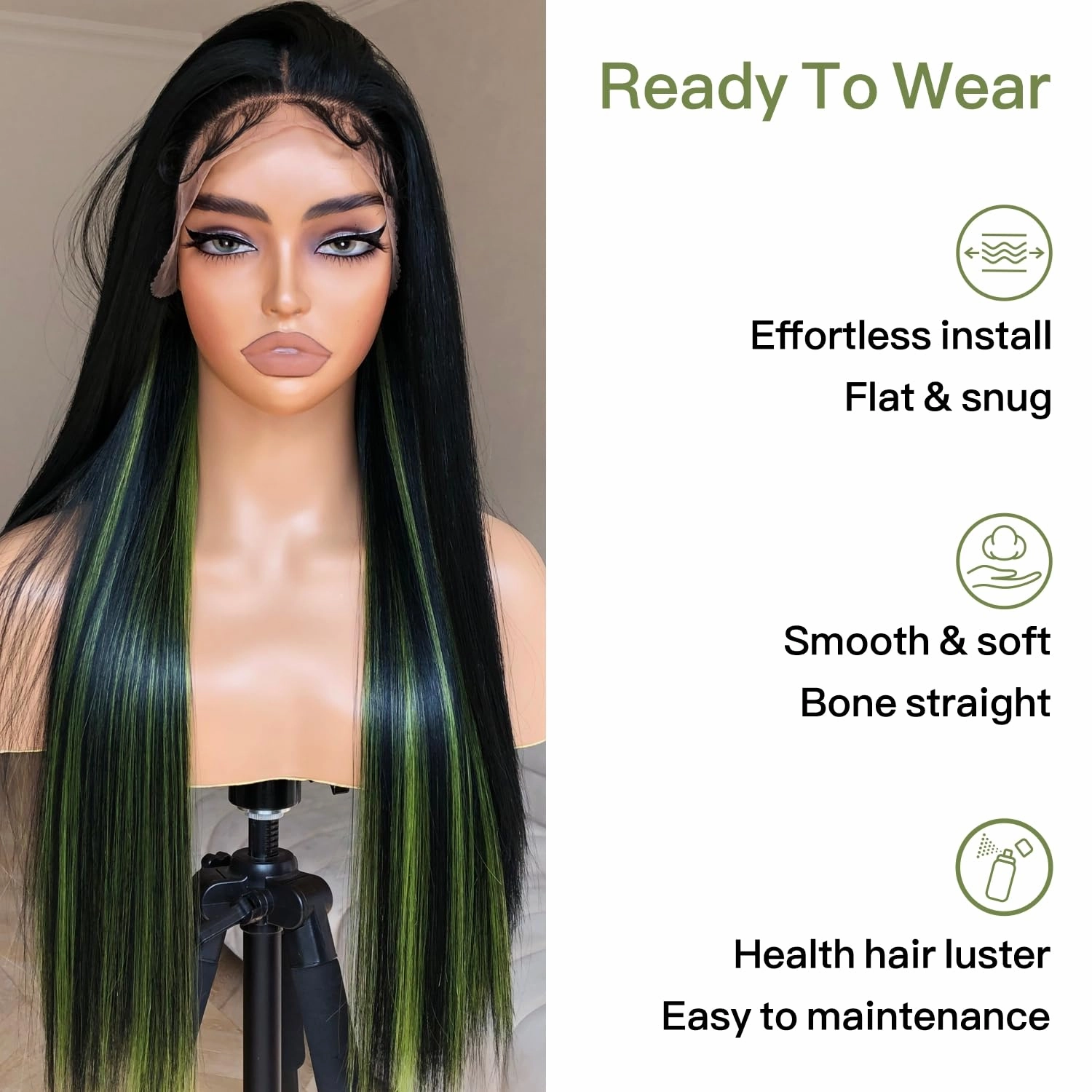 13x4 HD Lace Frontal Wig Black and Green Synthetic Lace Front Wig Pre Plucked Natural Looking Straight Wig 26inch Black with Green Stripes Wig