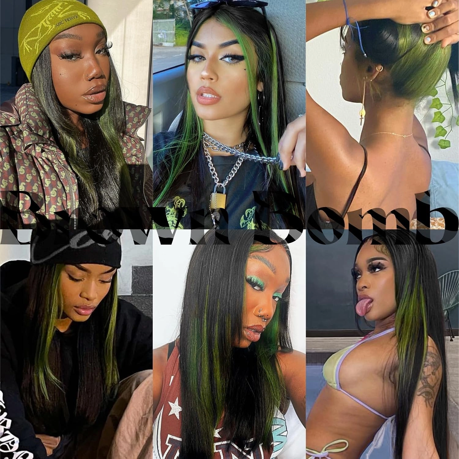 13x4 HD Lace Frontal Wig Black and Green Synthetic Lace Front Wig Pre Plucked Natural Looking Straight Wig 26inch Black with Green Stripes Wig