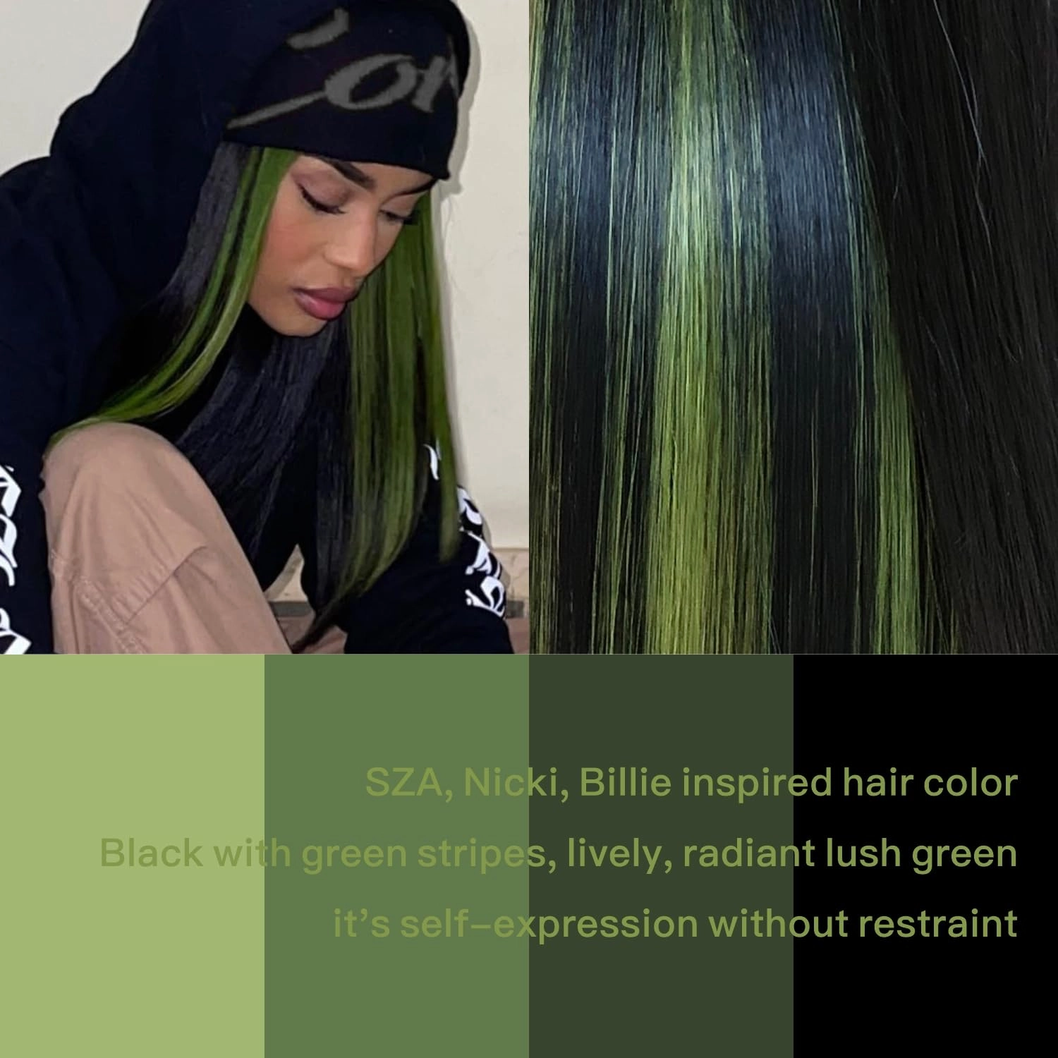 13x4 HD Lace Frontal Wig Black and Green Synthetic Lace Front Wig Pre Plucked Natural Looking Straight Wig 26inch Black with Green Stripes Wig