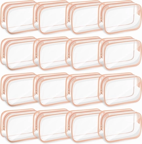16 PCS Clear Makeup Bags, TSA Approved, Waterproof PVC Travel Bags with Zipper, Portable Transparent Cosmetic Pouches for Women Men Vacation (Pink, Small)