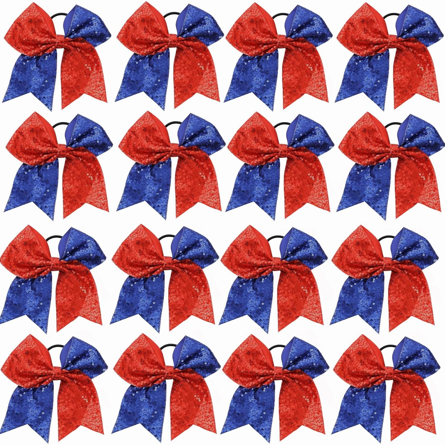 16 PCS Large Glitter Cheer Hair Bows, Shiny Cheerleading Bows Ponytail Holder for Cheerleader Girls Softball Sports and Christmas Tree Decor (Red Blue)