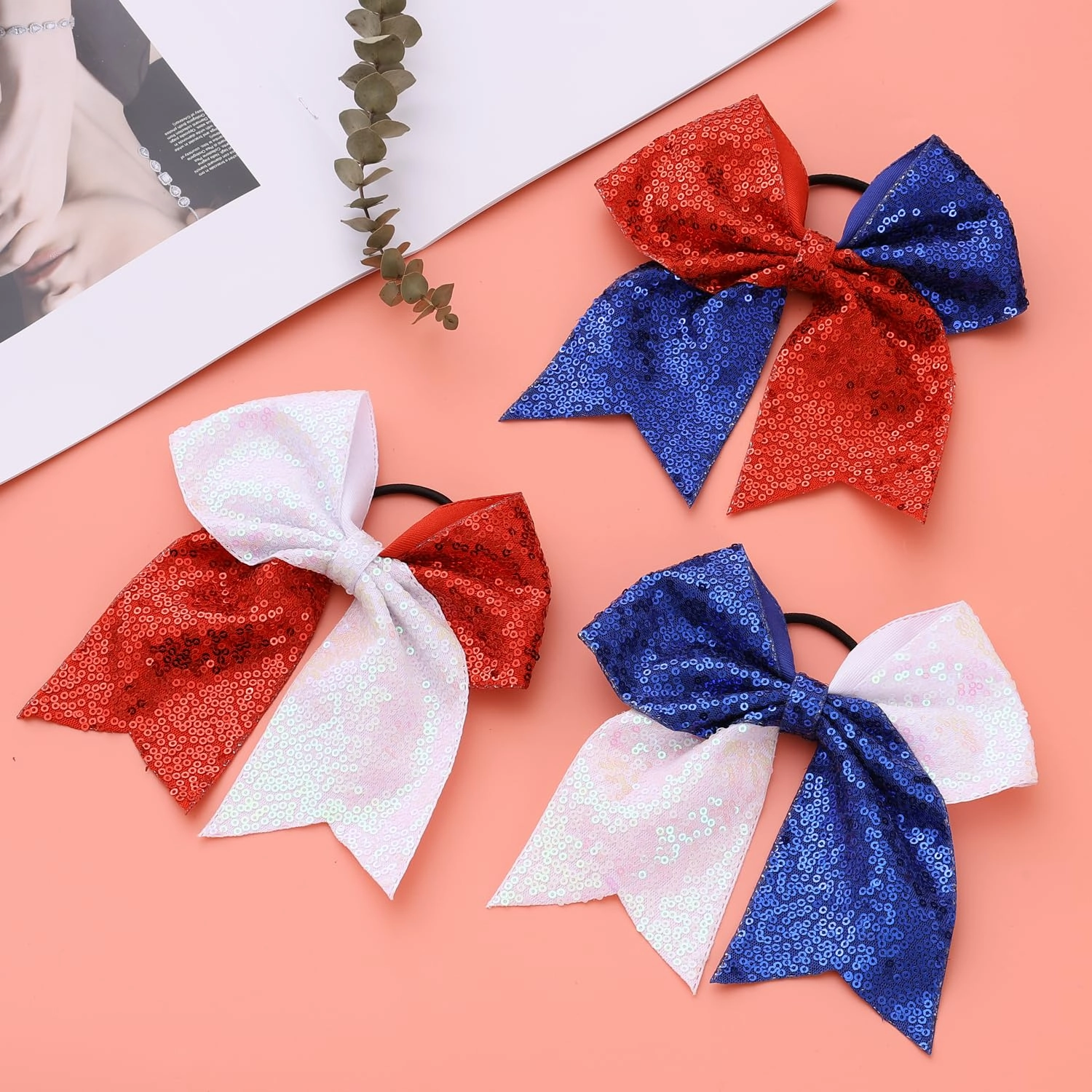 16 PCS Large Glitter Cheer Hair Bows, Shiny Cheerleading Bows Ponytail Holder for Cheerleader Girls Softball Sports and Christmas Tree Decor (Red Blue)