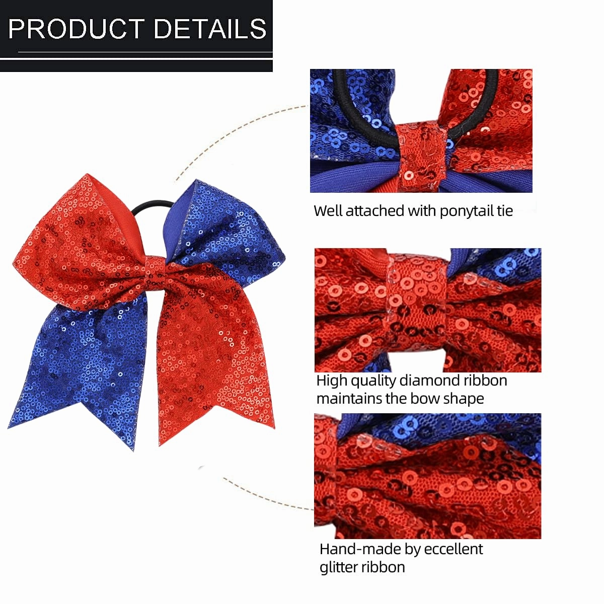 16 PCS Large Glitter Cheer Hair Bows, Shiny Cheerleading Bows Ponytail Holder for Cheerleader Girls Softball Sports and Christmas Tree Decor (Red Blue)