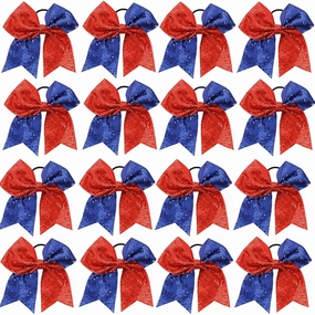 16 PCS Large Glitter Cheer Hair Bows, Shiny Cheerleading Bows Ponytail Holder for Cheerleader Girls Softball Sports and Christmas Tree Decor (Red Blue)