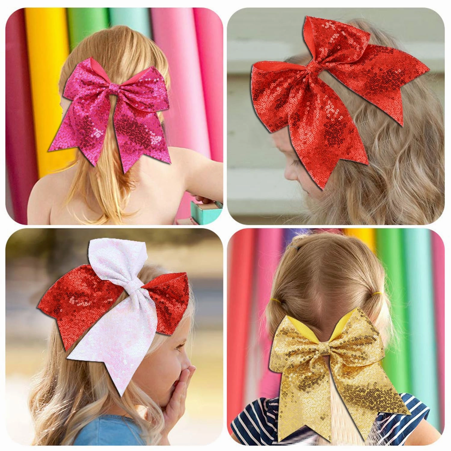 16 PCS Large Glitter Cheer Hair Bows, Shiny Cheerleading Bows Ponytail Holder for Cheerleader Girls Softball Sports and Christmas Tree Decor (Red Blue)