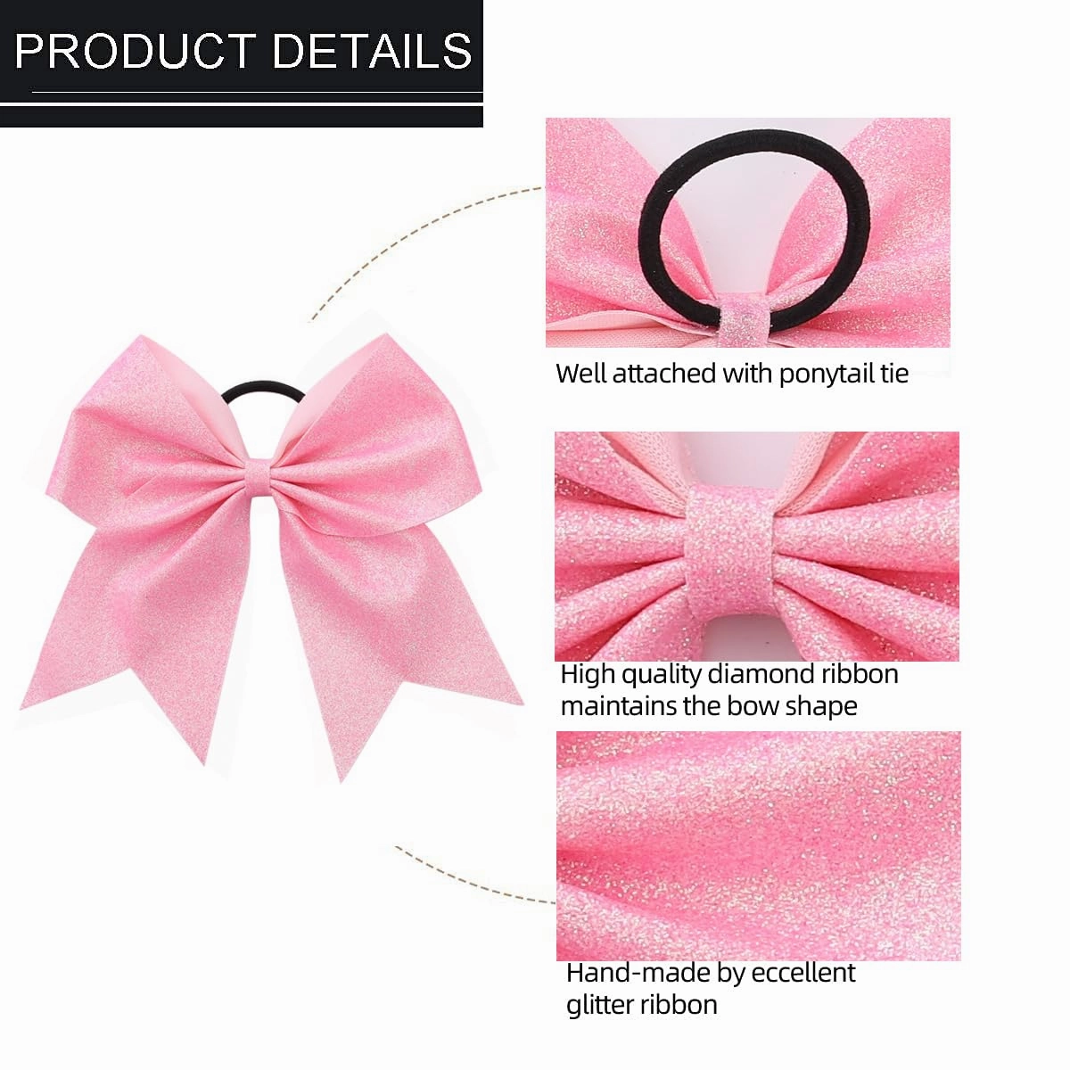 16 PCS Large Glitter Pink Cheer Hair Bows, Shiny Cheerleading Bows Ponytail Holder for Cheerleader Girls Softball Sports and Christmas Tree Decor (Glitter Pink)