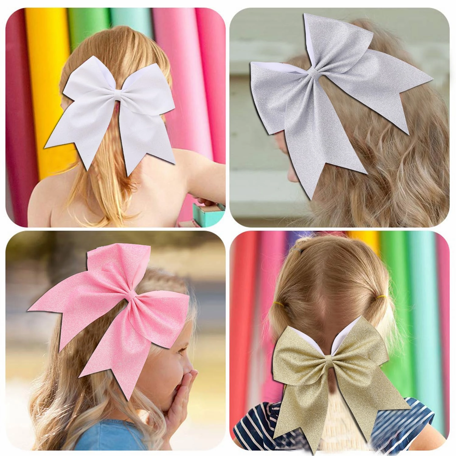16 PCS Large Glitter Pink Cheer Hair Bows, Shiny Cheerleading Bows Ponytail Holder for Cheerleader Girls Softball Sports and Christmas Tree Decor (Glitter Pink)