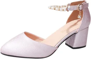 2025 Comfortable Sandals for Women Breathable Elegant Dressy Low Block Chunky Heels Wedding Shoes Fashion Pearl Dance Party Walking Footwear Summer Closed Toe Loafer Shoe with Ankle Strap