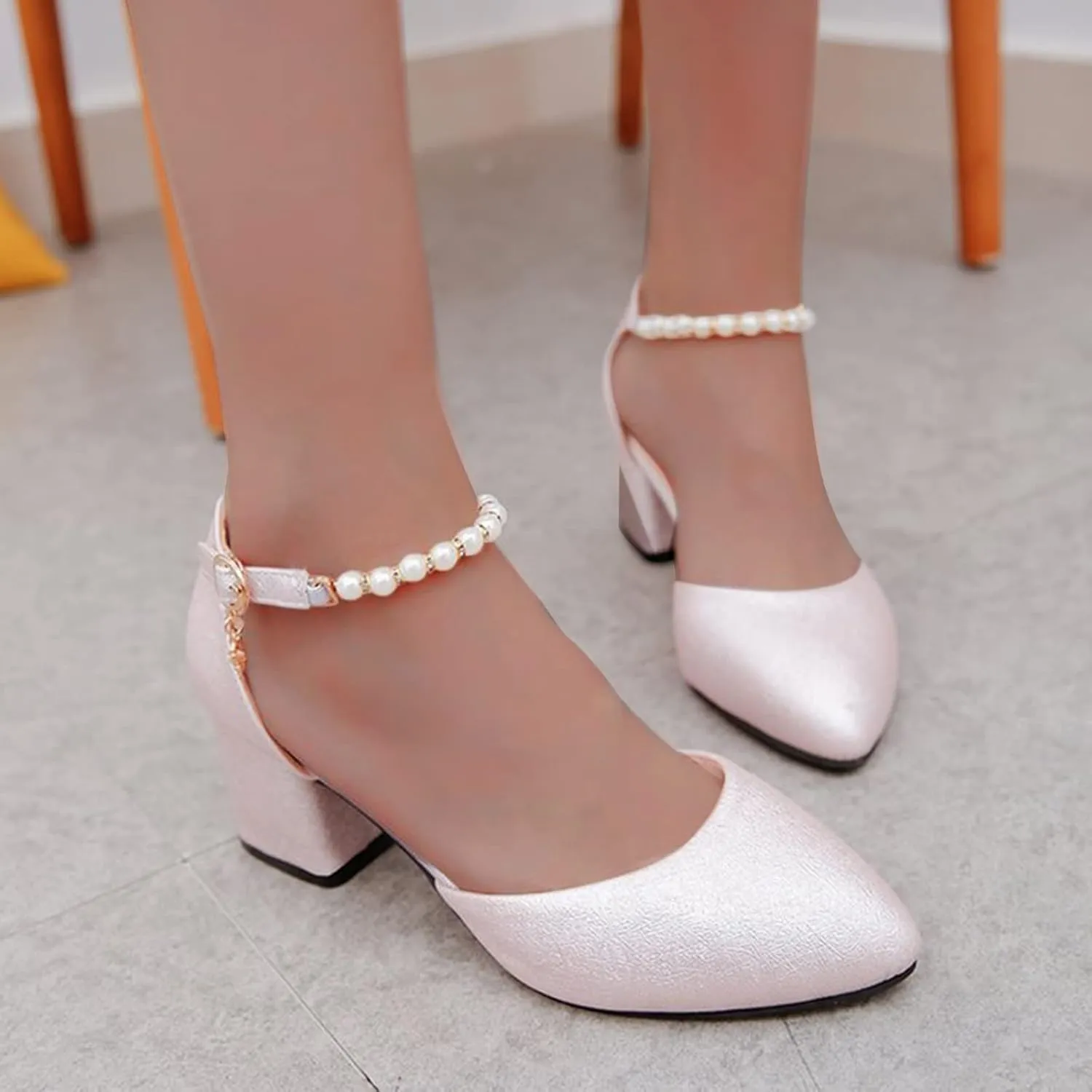 2025 Comfortable Sandals for Women Breathable Elegant Dressy Low Block Chunky Heels Wedding Shoes Fashion Pearl Dance Party Walking Footwear Summer Closed Toe Loafer Shoe with Ankle Strap