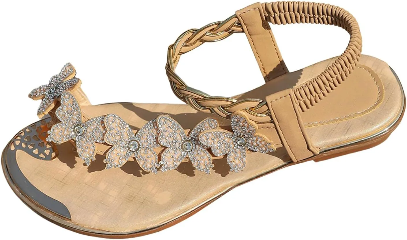 2025 Flat Sandals for Women Fashion Rhinestone Bow Vacation Slippers with Ankle Strap Comfortable Non-Slip Walking Footwear Breathable Open Toe Soft Sole Ring Slides Indoor/Outdoor Slip-On Casual Shoe