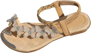 2025 Flat Sandals for Women Fashion Rhinestone Bow Vacation Slippers with Ankle Strap Comfortable Non-Slip Walking Footwear Breathable Open Toe Soft Sole Ring Slides Indoor/Outdoor Slip-On Casual Shoe
