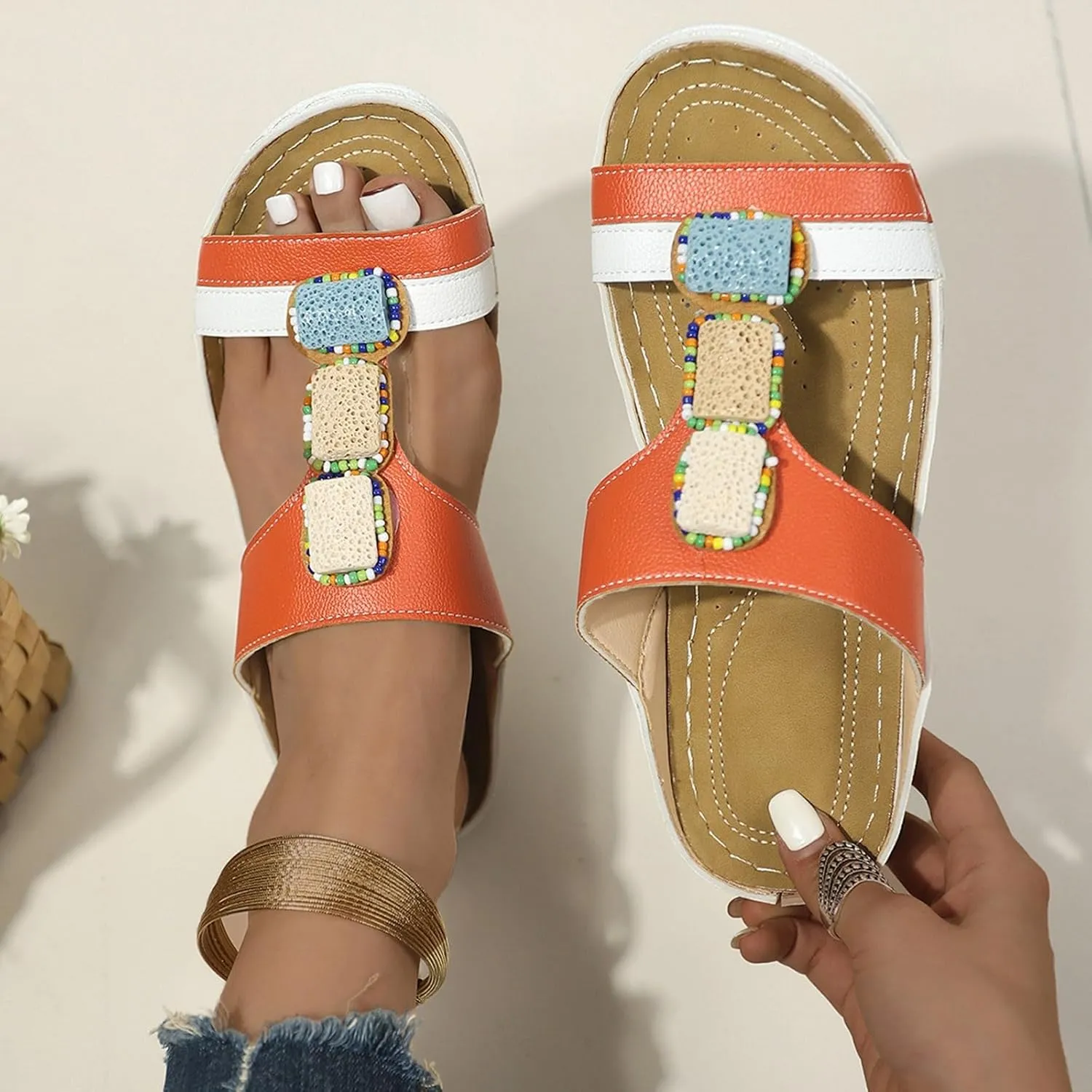 2025 Orthopedic Sandals for Women Breathable Ladies Dress Platform Casual Slides Fashion Rhinestone Slip-On Walking Footwear Summer Beach Vacation Wedge Heel Shoe Indoor/Outdoor Soft Sole Slippers