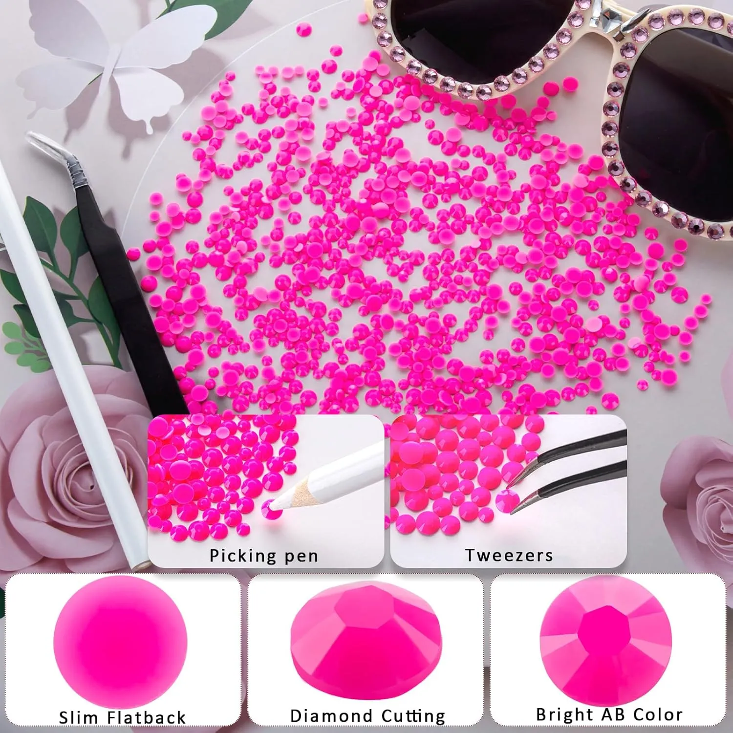 25000 Pcs Hot Pink Resin Flatback Rhinestone, 3 mm 4 mm 5 mm Jelly Resin Non Hotfix Rhinestones for Crafts DIY Design, Tumblers, Clothes, Makeup, Nail Art,Christmas Crafts