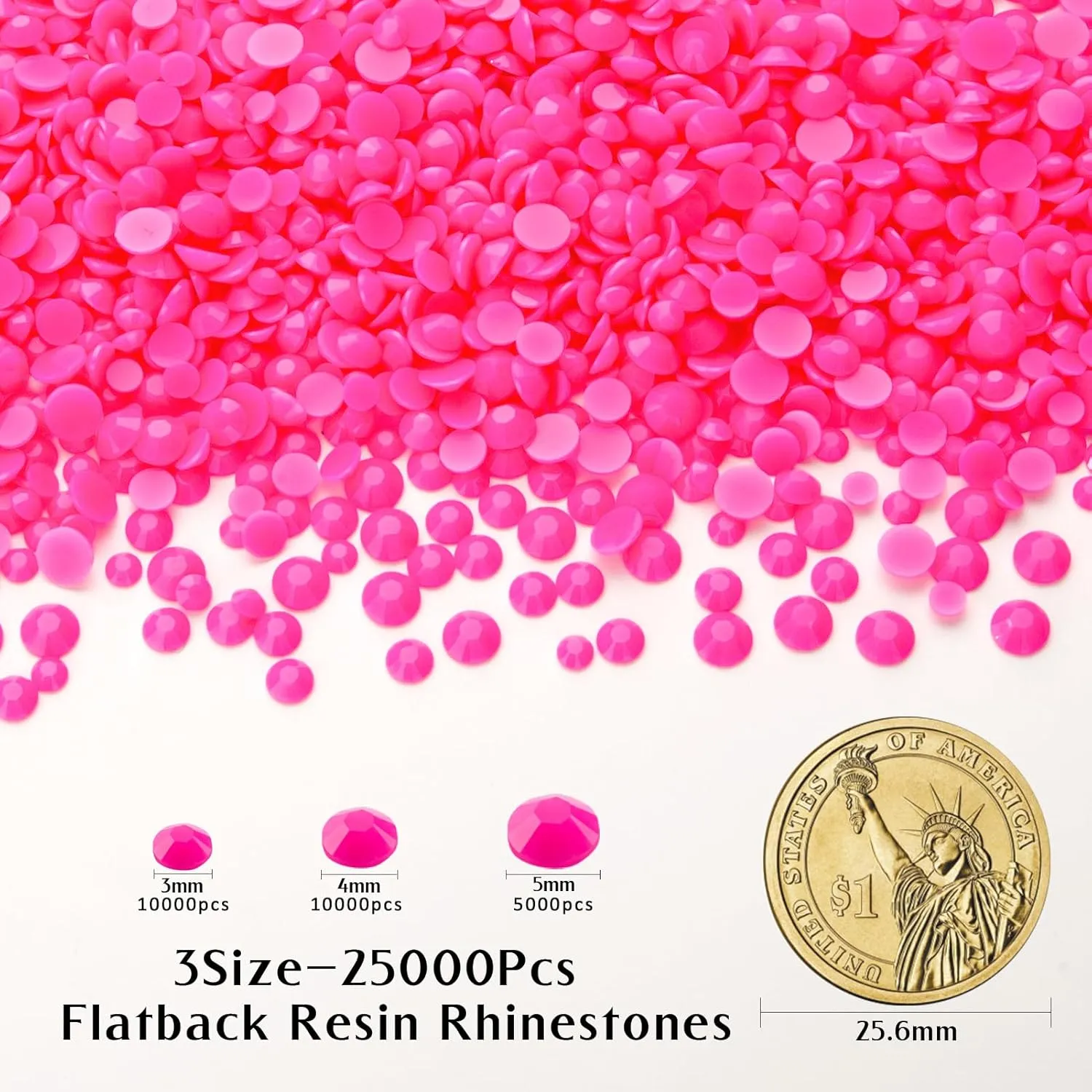 25000 Pcs Hot Pink Resin Flatback Rhinestone, 3 mm 4 mm 5 mm Jelly Resin Non Hotfix Rhinestones for Crafts DIY Design, Tumblers, Clothes, Makeup, Nail Art,Christmas Crafts