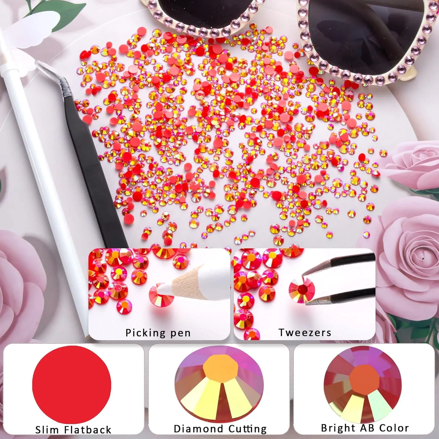 25000Pcs Red AB Rhinestones for Bedazzling Kit, 3-5mm Resin Flatback Rhinestones Bulk Gems Diamonds for Crafts, Clothing and DIY Shoes Shirt Bows Nail Art