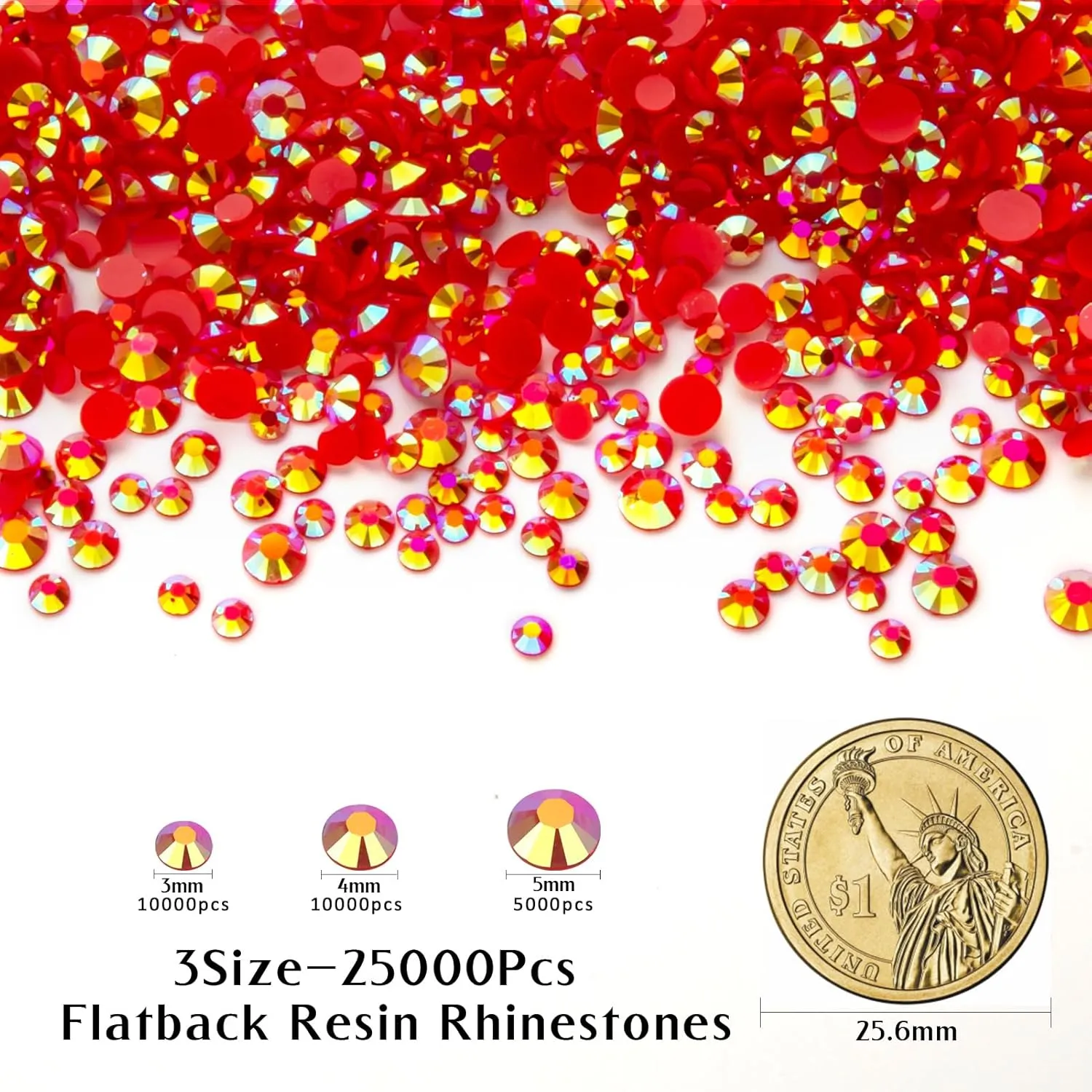 25000Pcs Red AB Rhinestones for Bedazzling Kit, 3-5mm Resin Flatback Rhinestones Bulk Gems Diamonds for Crafts, Clothing and DIY Shoes Shirt Bows Nail Art