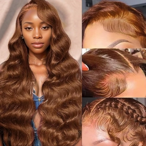 28inch Chocolate Brown 13x6 Transarent HD Lace Front Wigs Human Hair Body Wave 200% Density Glueless Wigs Pre Plucked Hairline with Baby Hair 4# Dark Brown Color