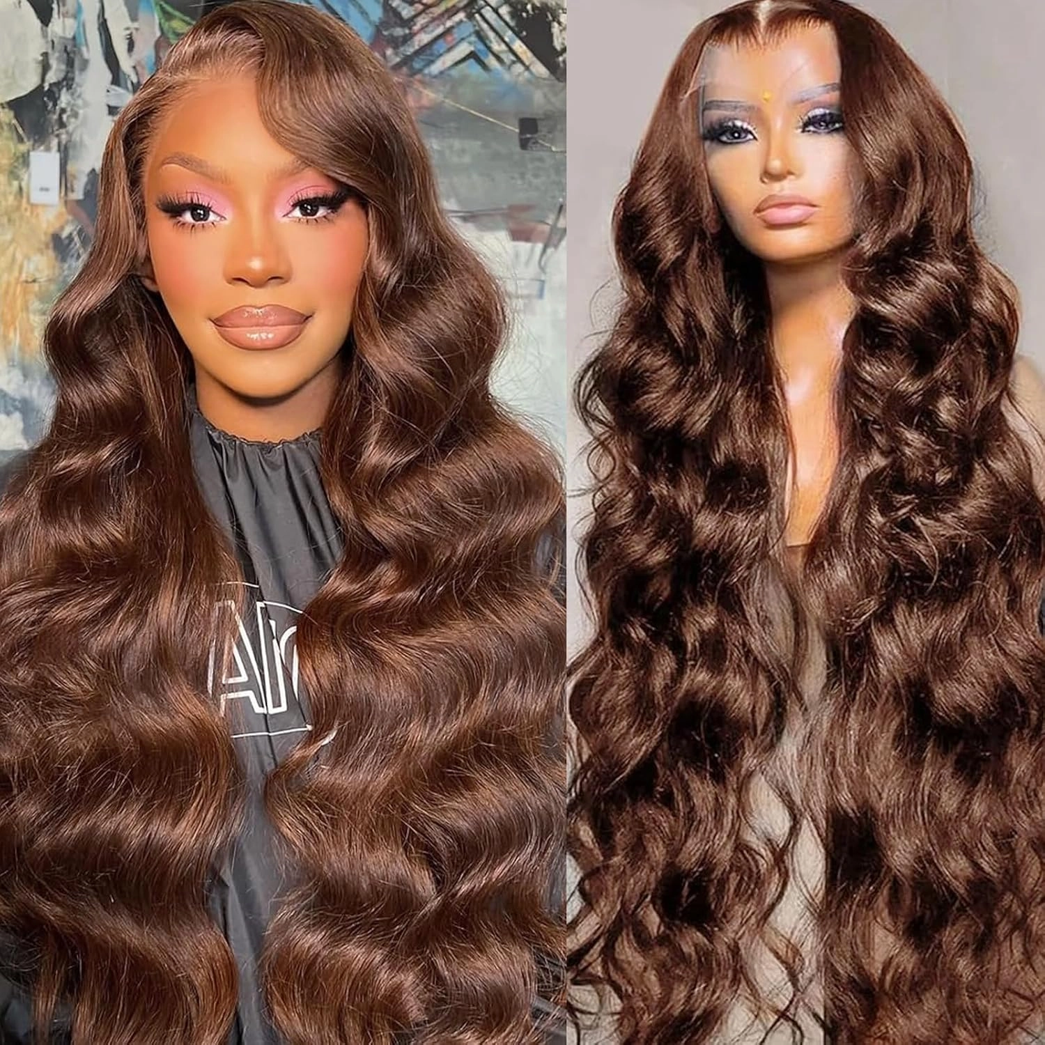 28inch Chocolate Brown 13x6 Transarent HD Lace Front Wigs Human Hair Body Wave 200% Density Glueless Wigs Pre Plucked Hairline with Baby Hair 4# Dark Brown Color