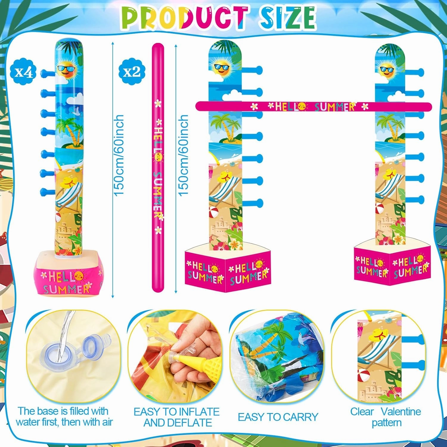 2 Pack Summer Inflatable Limbo Party Activities for Adults 59 Inch Easy Setup Beach Limbo Stick for Indoor Outdoor Hawaiian Tropical Luau Birthday Pool Picnic