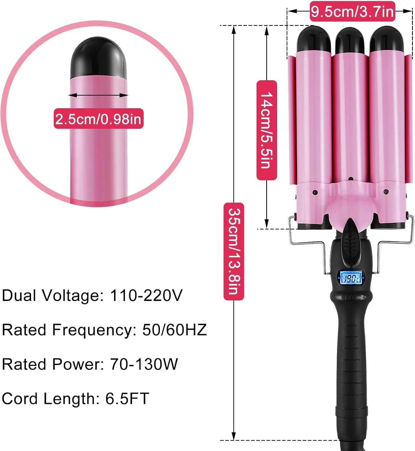 3-Barrel Curling Iron Ceramic Tourmaline Crimper LCD & Dual Voltage, Adjustable Temp for Beach Waves (Pink)