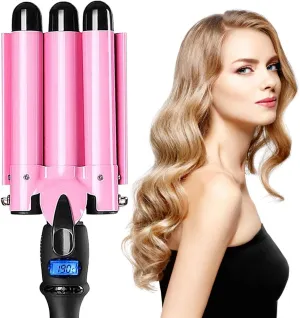 3-Barrel Curling Iron Ceramic Tourmaline Crimper LCD & Dual Voltage, Adjustable Temp for Beach Waves (Pink)