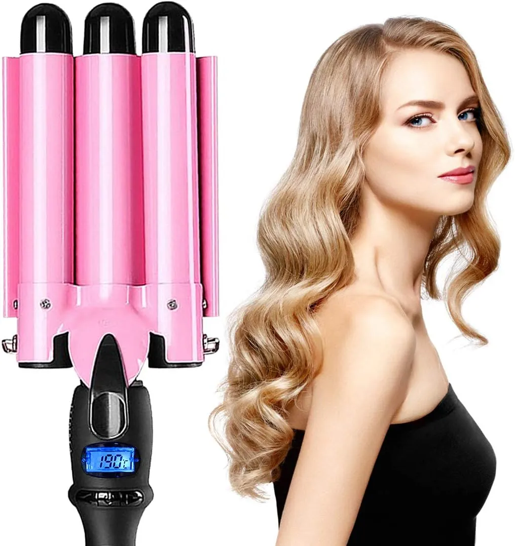 3-Barrel Curling Iron Ceramic Tourmaline Crimper LCD & Dual Voltage, Adjustable Temp for Beach Waves (Pink)