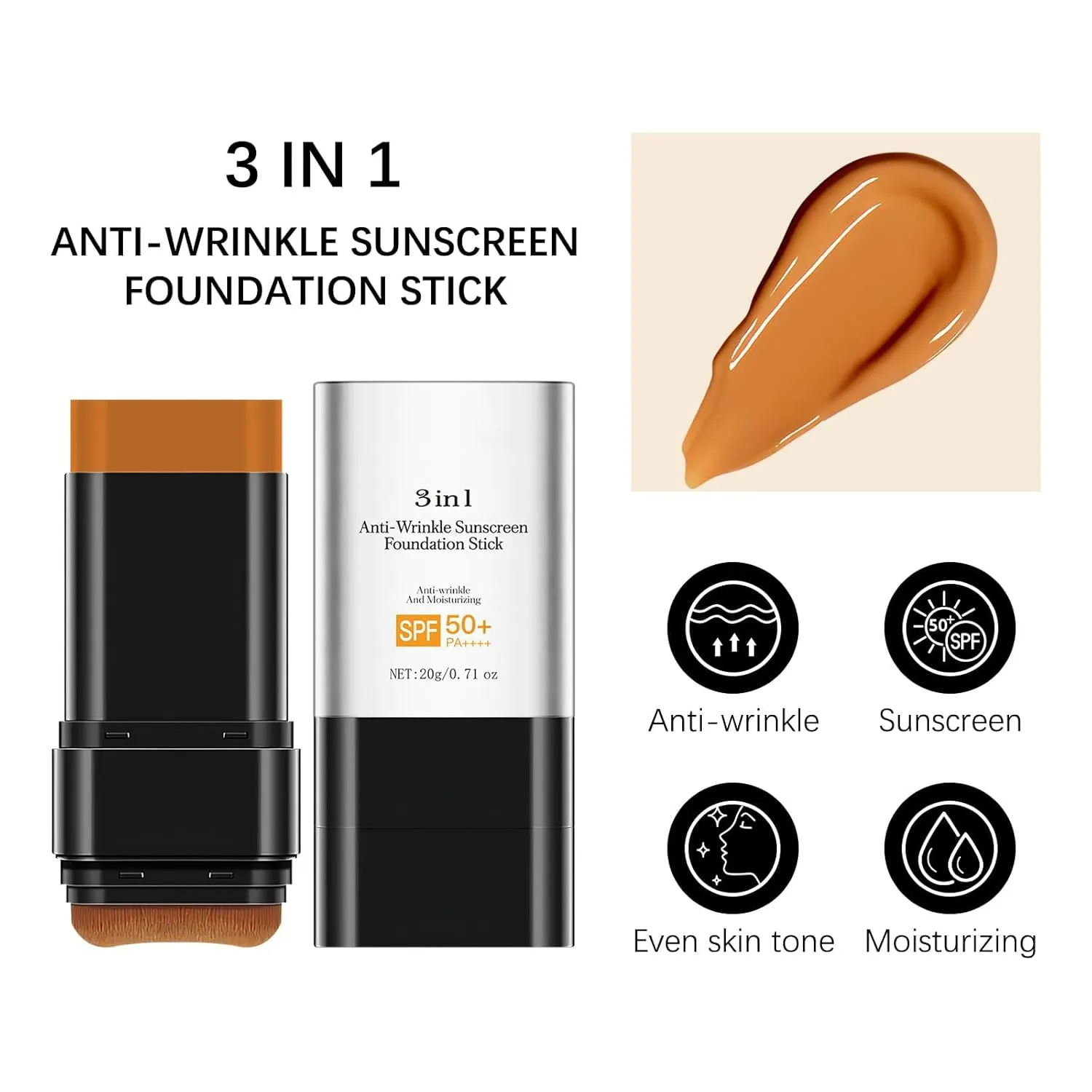 3 In 1-Foundation Stick, Flawless Eraser Foundation Stick With Brush, SPF 50     Multi-Use Makeup Lightweight, Moisturizing Double (Dark)