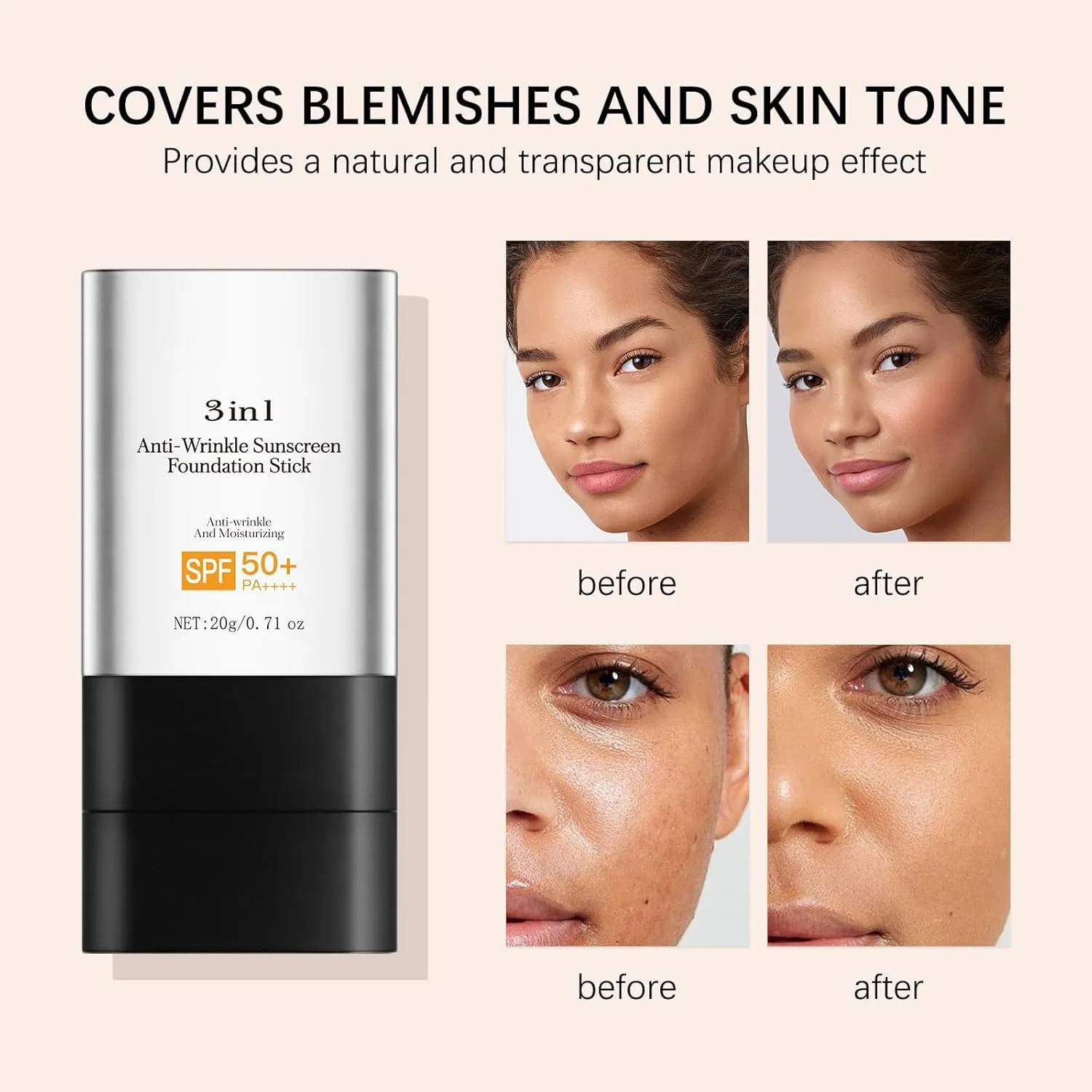 3 In 1-Foundation Stick, Flawless Eraser Foundation Stick With Brush, SPF 50     Multi-Use Makeup Lightweight, Moisturizing Double (Dark)