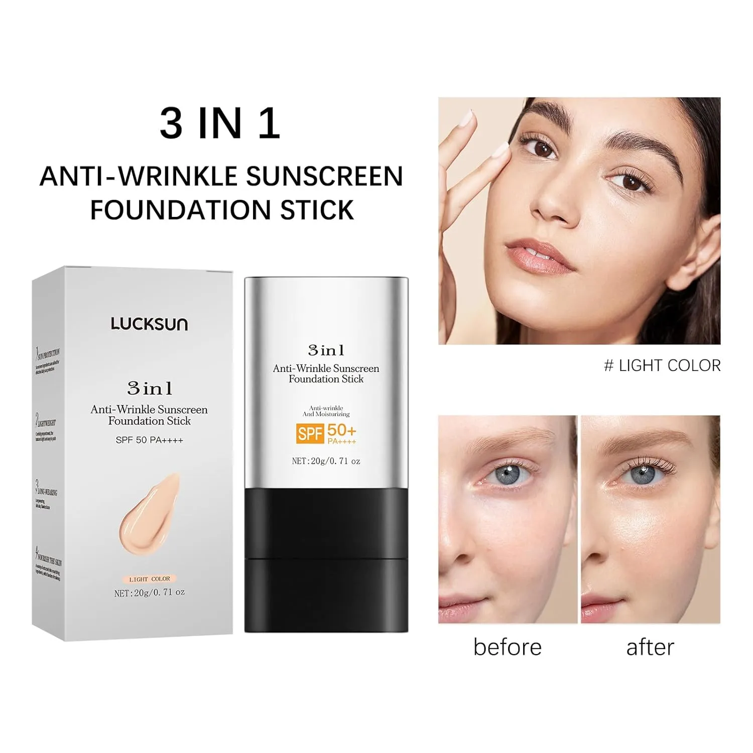3 In 1-Foundation Stick, Flawless Eraser Foundation Stick With Brush, SPF 50     Multi-Use Makeup Lightweight, Moisturizing Double (Light)