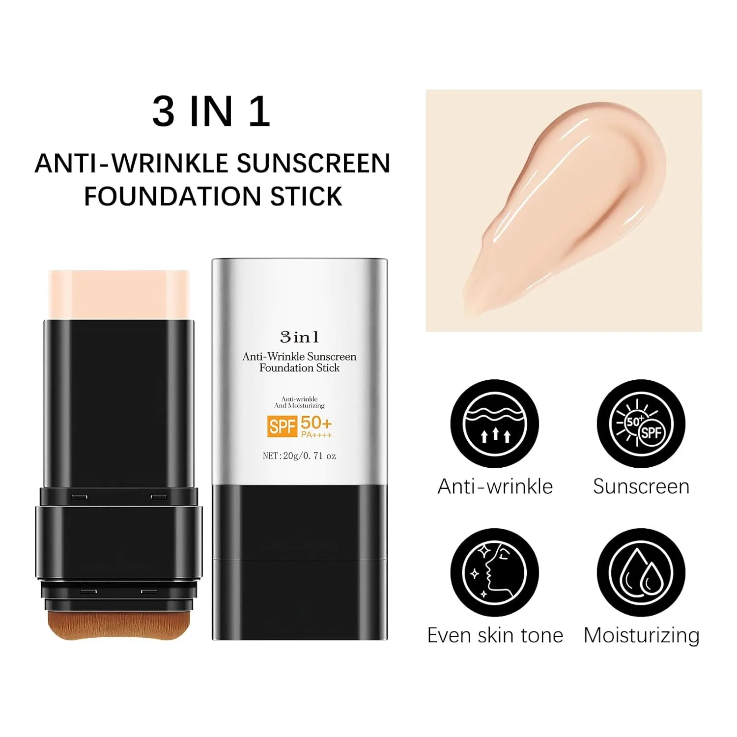 3 In 1-Foundation Stick, Flawless Eraser Foundation Stick With Brush, SPF 50     Multi-Use Makeup Lightweight, Moisturizing Double (Light)