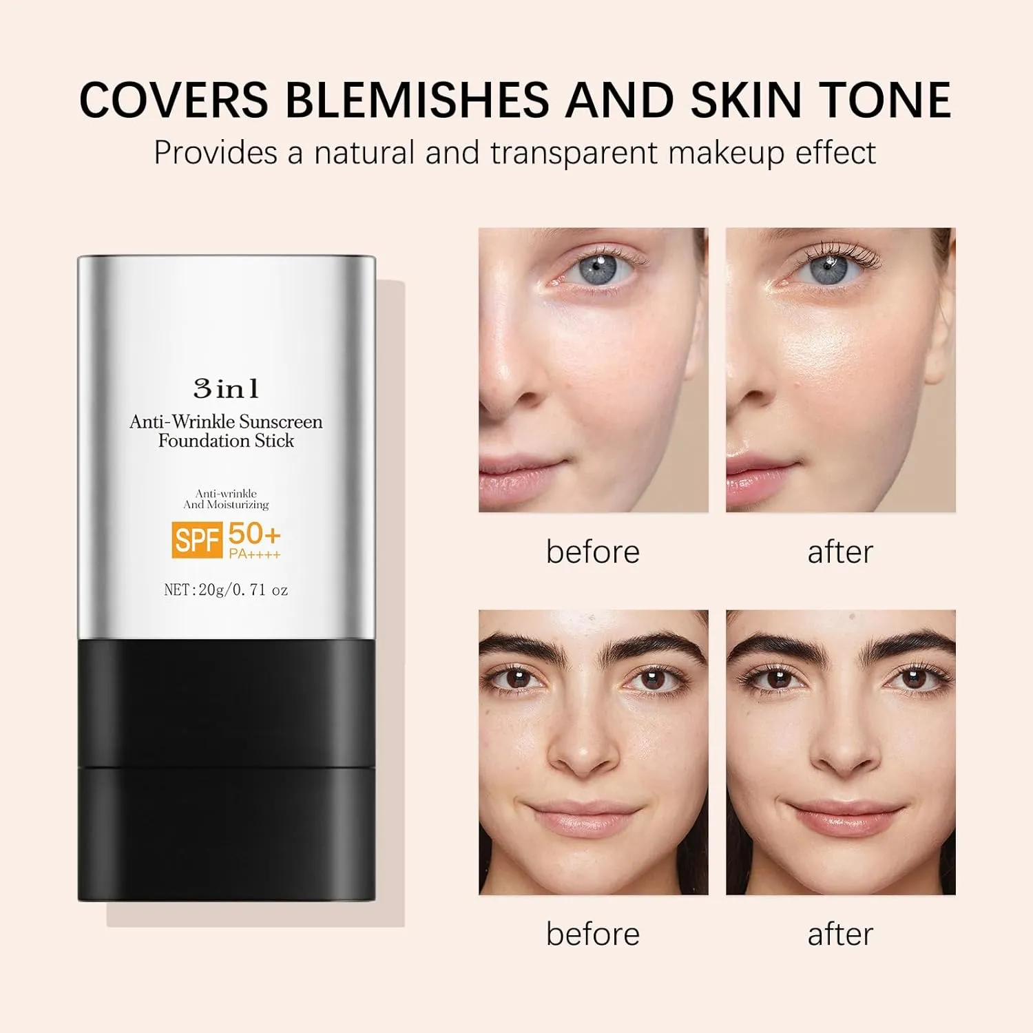 3 In 1-Foundation Stick, Flawless Eraser Foundation Stick With Brush, SPF 50     Multi-Use Makeup Lightweight, Moisturizing Double (Light)