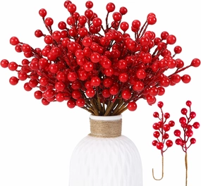 32 Pack Artificial Red Berry Stems, Christmas Red Berries Picks Holly Berry Branches for Christmas Tree Ornaments Xmas Wreath DIY Crafts Winter Holiday Home Decoration