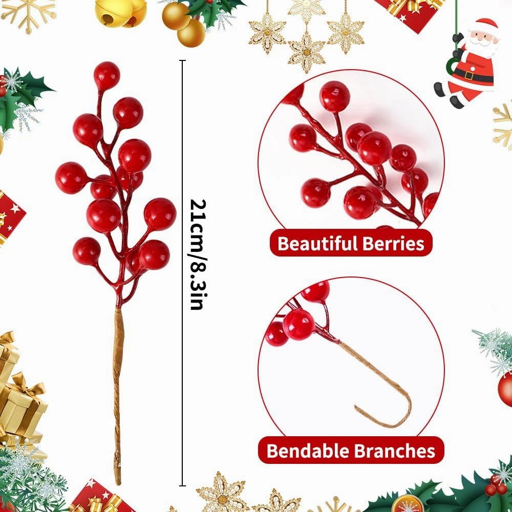32 Pack Artificial Red Berry Stems, Christmas Red Berries Picks Holly Berry Branches for Christmas Tree Ornaments Xmas Wreath DIY Crafts Winter Holiday Home Decoration