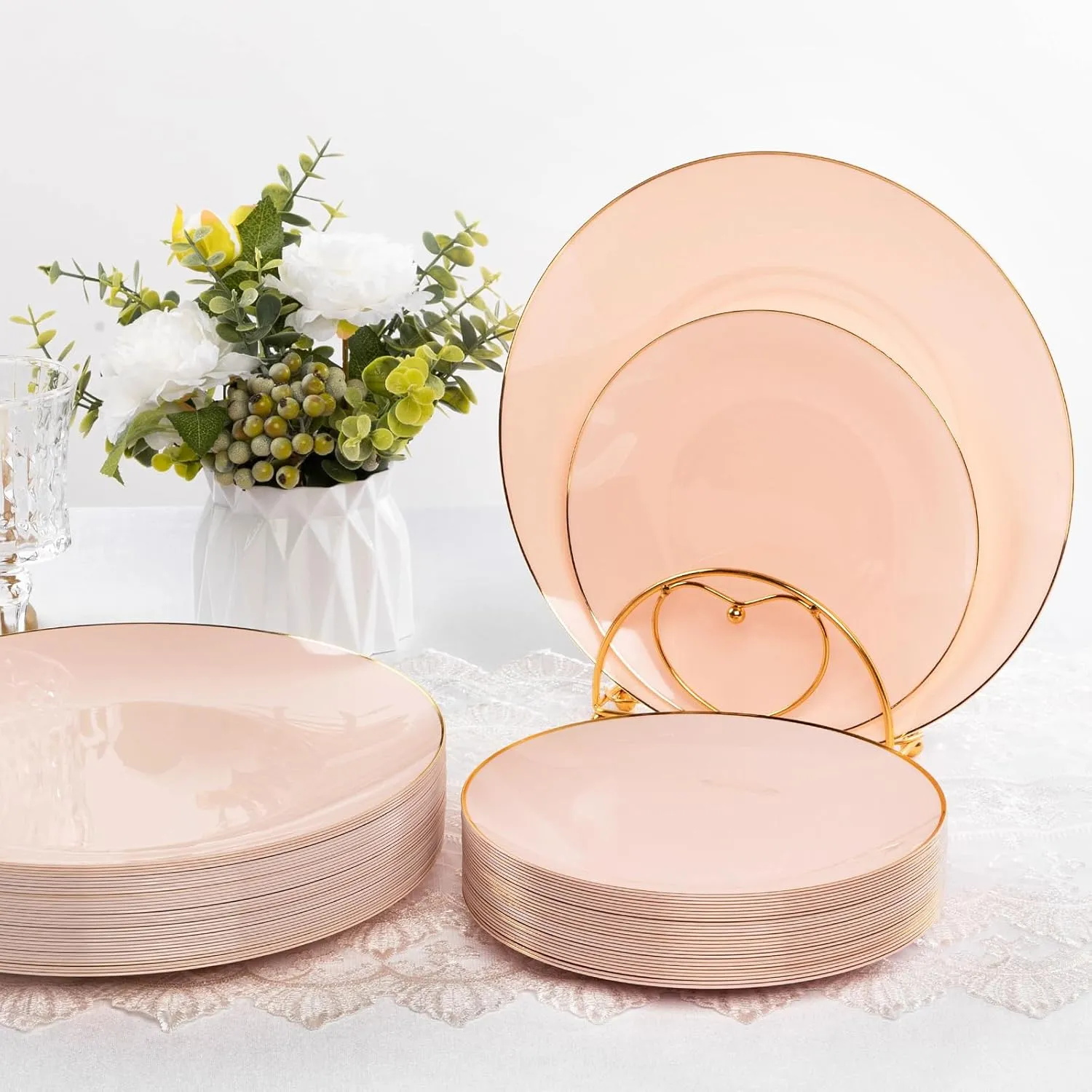 350 Pieces Pink Gold Plastic Dinnerware Set, Gold Disposable Plates for Party, Graduation, Include 100 Pink Plates with 150 Plastic Cutlery, 50 Napkins and 50 Cups