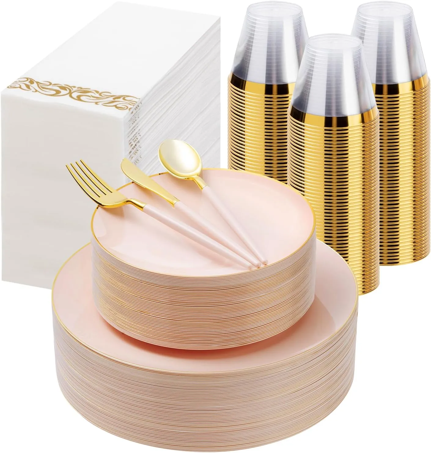 350 Pieces Pink Gold Plastic Dinnerware Set, Gold Disposable Plates for Party, Graduation, Include 100 Pink Plates with 150 Plastic Cutlery, 50 Napkins and 50 Cups