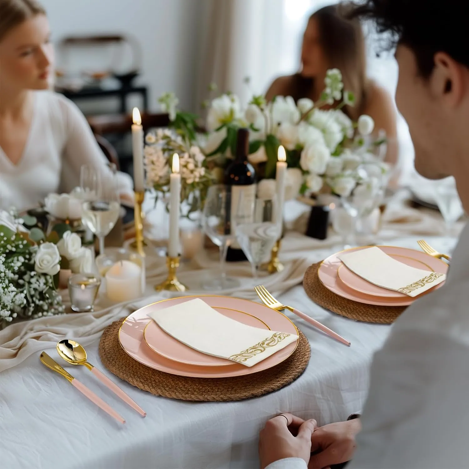 350 Pieces Pink Gold Plastic Dinnerware Set, Gold Disposable Plates for Party, Graduation, Include 100 Pink Plates with 150 Plastic Cutlery, 50 Napkins and 50 Cups